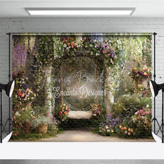 Lofaris Enchanting Garden Floral Archway Photography Backdrop Dreamy Swing and Lush Colorful Blooms