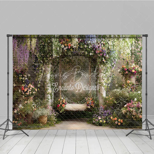 Lofaris Enchanting Garden Floral Archway Photography Backdrop Dreamy Swing and Lush Colorful Blooms