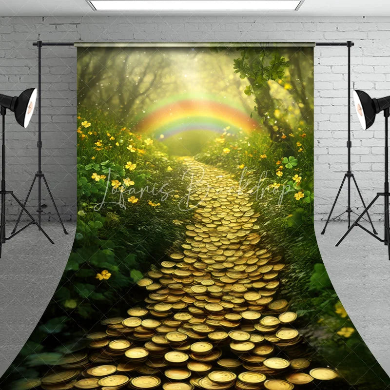 Lofaris Enchanting Green Forest Gold Coin Path Sweep Backdrop Lucky Rainbow St. Patrick’s Day Theme for Photography