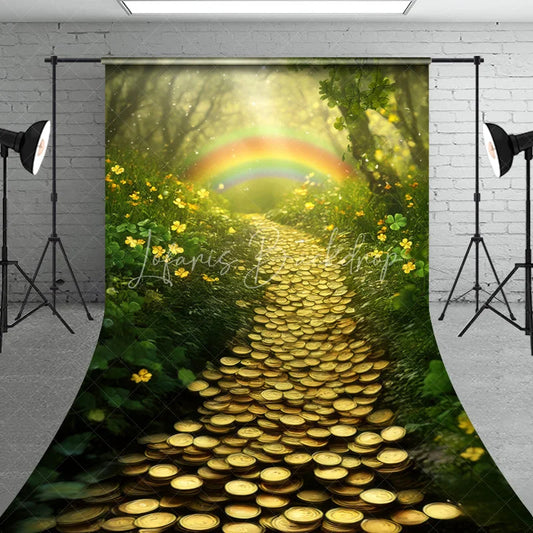 Lofaris Enchanting Green Forest Gold Coin Path Sweep Backdrop Lucky Rainbow St. Patrick’s Day Theme for Photography