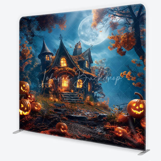 Lofaris Enchanting Halloween Haunted House Square Double-Sided Backdrop Full Moon and Jack-O’-Lanterns Decor