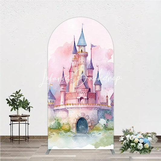 Lofaris Enchanting Pastel Watercolor Castle Fairytale Round Top Arch Backdrop Princess Birthday Baby Shower Decor