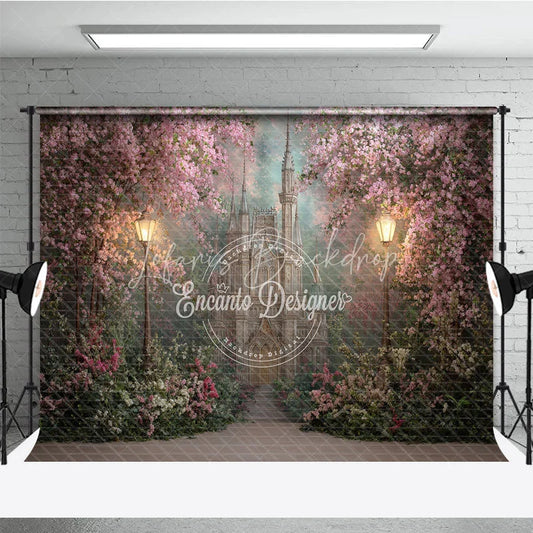 Lofaris Enchanting Pink Cherry Blossom Castle Photography Backdrop with Glowing Street Lamps for Fairytale Dreams