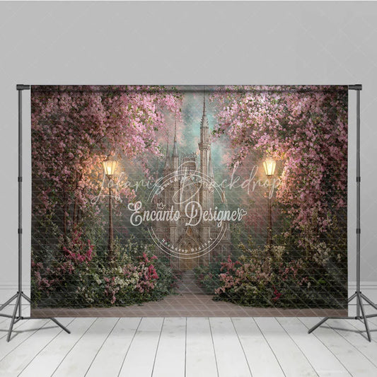 Lofaris Enchanting Pink Cherry Blossom Castle Photography Backdrop with Glowing Street Lamps for Fairytale Dreams
