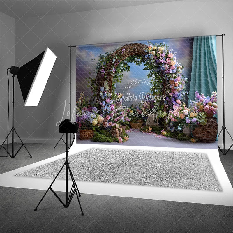 Lofaris Enchanting Rustic Floral Arch Photography Backdrop with Pastel Flowers Green Foliage for Wedding or Baby Shower