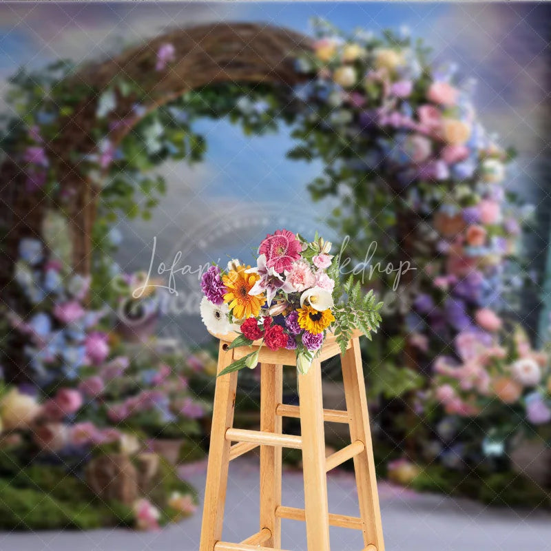 Lofaris Enchanting Rustic Floral Arch Photography Backdrop with Pastel Flowers Green Foliage for Wedding or Baby Shower