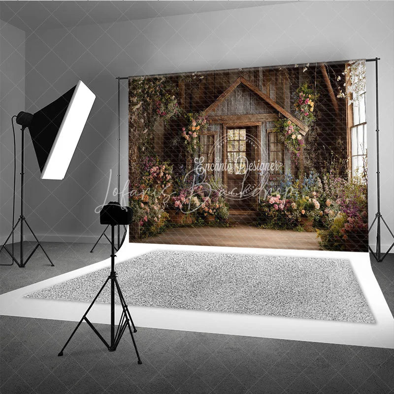 Lofaris Enchanting Rustic Wooden Cabin Photography Backdrop Lush Floral Garden Door and Window Scene