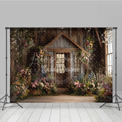 Lofaris Enchanting Rustic Wooden Cabin Photography Backdrop Lush Floral Garden Door and Window Scene