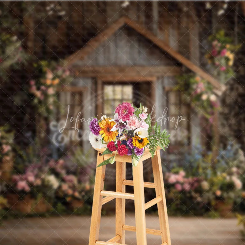 Lofaris Enchanting Rustic Wooden Cabin Photography Backdrop Lush Floral Garden Door and Window Scene