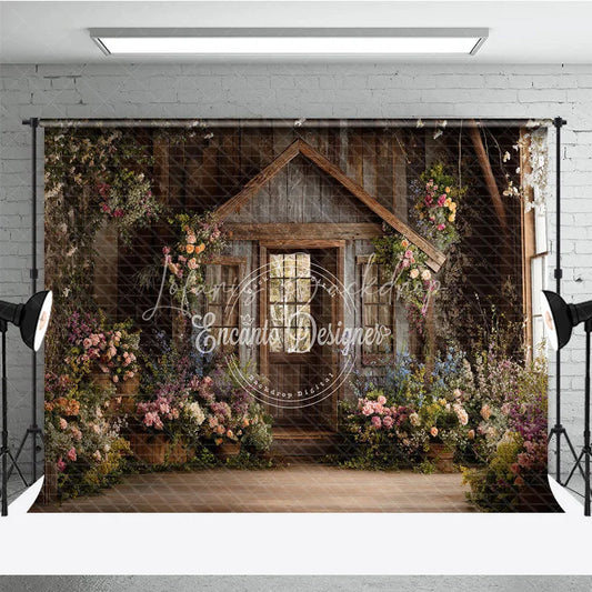 Lofaris Enchanting Rustic Wooden Cabin Photography Backdrop Lush Floral Garden Door and Window Scene