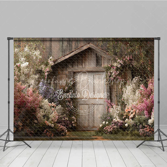 Lofaris Enchanting Rustic Wooden Shed with Pink and White Flowers Photography Backdrop Lush Garden Scene