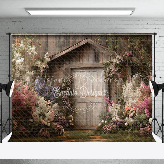 Lofaris Enchanting Rustic Wooden Shed with Pink and White Flowers Photography Backdrop Lush Garden Scene