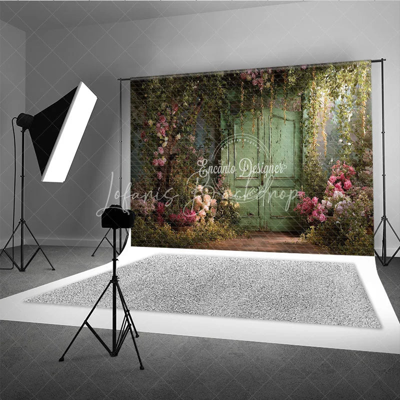 Lofaris Enchanting Secret Garden Photography Backdrop with Weathered Green Door Lush Pink Roses and Climbing Vines