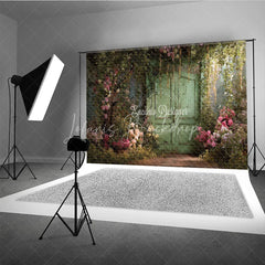 Lofaris Enchanting Secret Garden Photography Backdrop with Weathered Green Door Lush Pink Roses and Climbing Vines