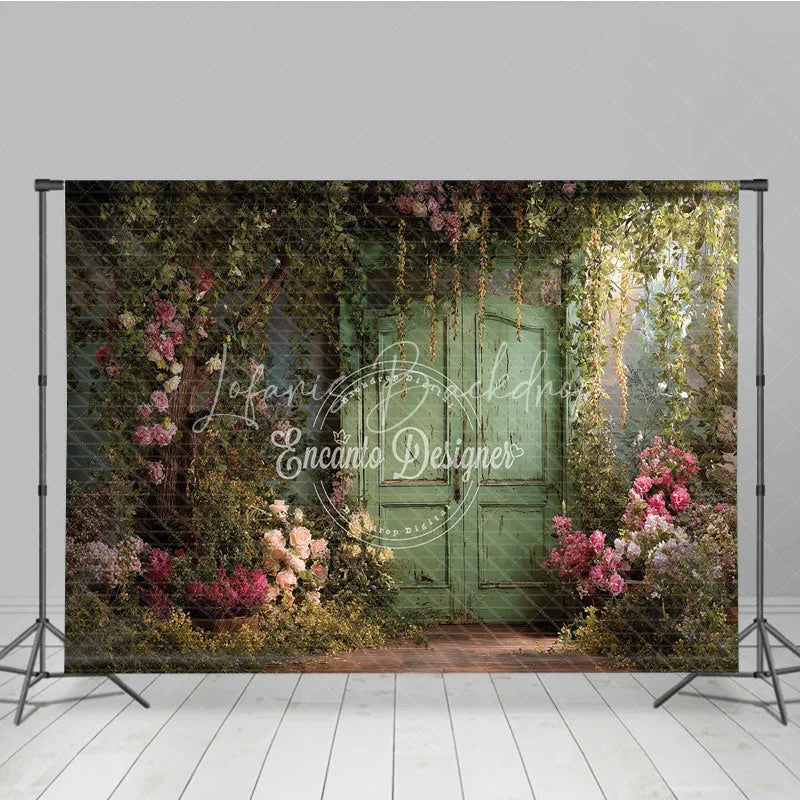 Lofaris Enchanting Secret Garden Photography Backdrop with Weathered Green Door Lush Pink Roses and Climbing Vines