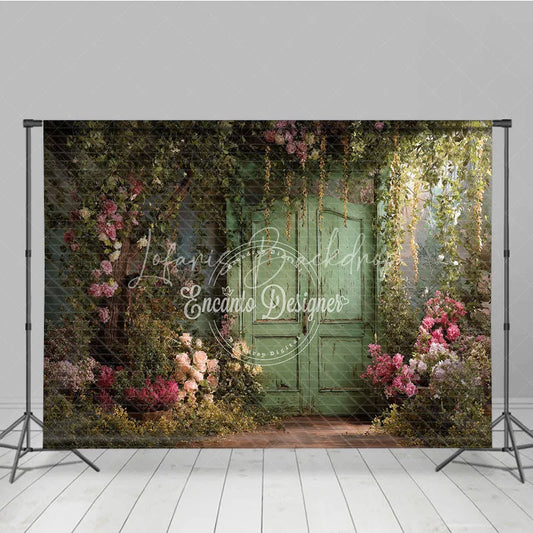 Lofaris Enchanting Secret Garden Photography Backdrop with Weathered Green Door Lush Pink Roses and Climbing Vines