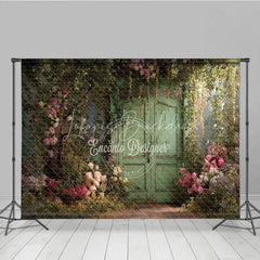 Lofaris Enchanting Secret Garden Photography Backdrop with Weathered Green Door Lush Pink Roses and Climbing Vines
