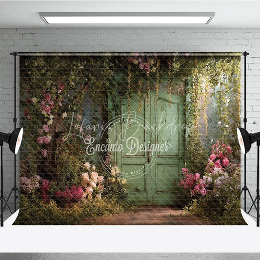 Lofaris Enchanting Secret Garden Photography Backdrop with Weathered Green Door Lush Pink Roses and Climbing Vines