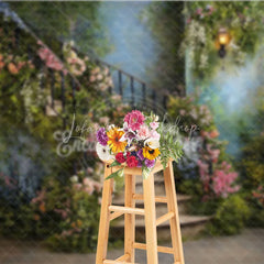 Lofaris Enchanting Secret Garden Photography Backdrop with Winding Stone Staircase Lush Flowers and Antique Lanterns