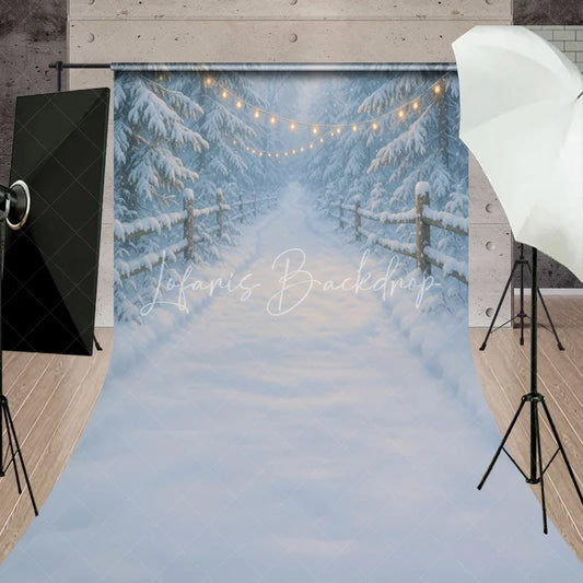 Lofaris Enchanting Snowy Forest Sweep Backdrop with Warm String Lights Rustic Wooden Fence Winter Path