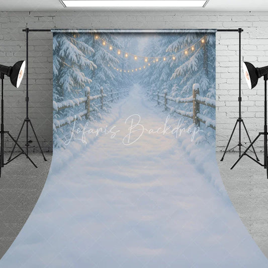 Lofaris Enchanting Snowy Forest Sweep Backdrop with Warm String Lights Rustic Wooden Fence Winter Path