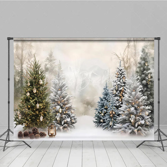 Lofaris Enchanting Snowy Winter Forest Holiday Backdrop with Decorated Christmas Trees Golden Ornaments and Pinecones