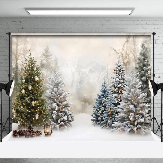 Lofaris Enchanting Snowy Winter Forest Holiday Backdrop with Decorated Christmas Trees Golden Ornaments and Pinecones