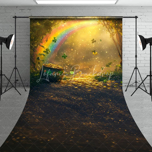 Lofaris Enchanting St. Patrick’s Day Sweep Backdrop featuring a Vibrant Rainbow Pot of Gold and Lucky Shamrocks