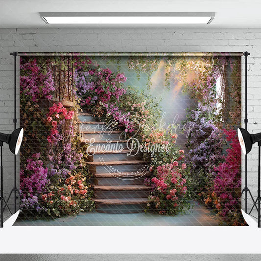 Lofaris Enchanting Winding Staircase Photography Backdrop with Vibrant Bougainvillea and Lush Greenery