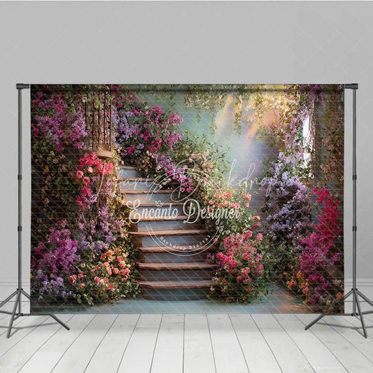 Lofaris Enchanting Winding Staircase Photography Backdrop with Vibrant Bougainvillea and Lush Greenery