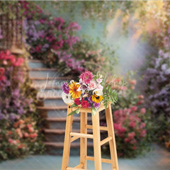 Lofaris Enchanting Winding Staircase Photography Backdrop with Vibrant Bougainvillea and Lush Greenery