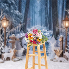 Lofaris Enchanting Winter Forest Photography Backdrop with Snow Frozen Stream Street Lamps Deer for Christmas Holiday