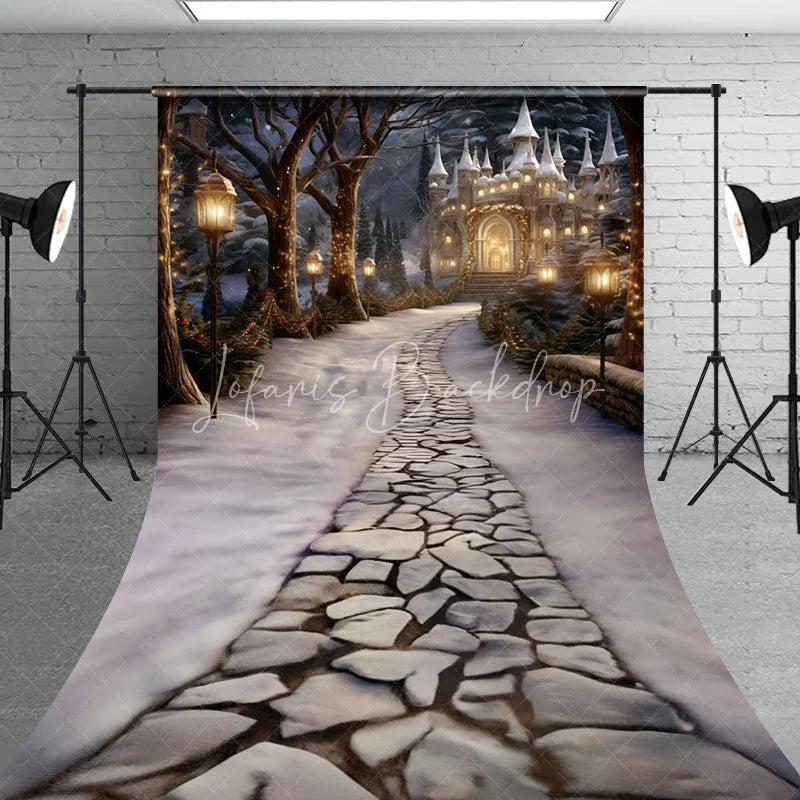 Lofaris Enchanting Winter Wonderland Sweep Backdrop with Fairytale Castle and Snowy Path Festive Holiday Decor