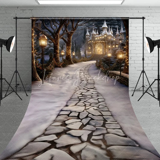 Lofaris Enchanting Winter Wonderland Sweep Backdrop with Fairytale Castle and Snowy Path Festive Holiday Decor