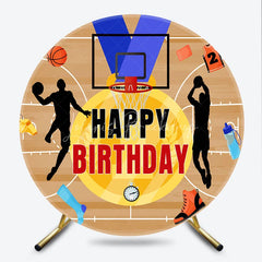 Lofaris Energetic Basketball Court Happy Birthday Round Backdrop featuring Player Silhouettes and Sports Theme Party Decor