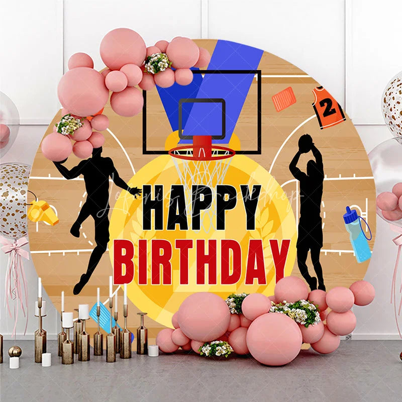 Lofaris Energetic Basketball Court Happy Birthday Round Backdrop featuring Player Silhouettes and Sports Theme Party Decor