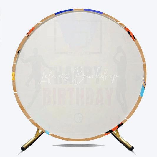 Lofaris Energetic Basketball Court Happy Birthday Round Backdrop featuring Player Silhouettes and Sports Theme Party Decor
