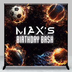 Lofaris Energetic Custom Sports Balls Fire Birthday Bash Backdrop with Personalized Name Dynamic Party Decoration