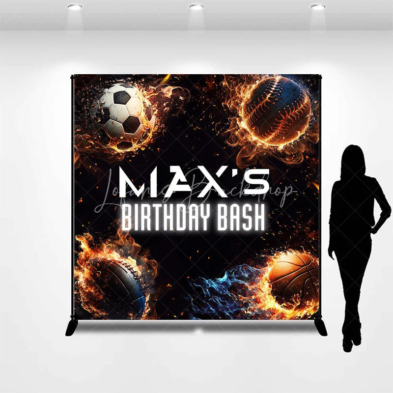 Lofaris Energetic Custom Sports Balls Fire Birthday Bash Backdrop with Personalized Name Dynamic Party Decoration