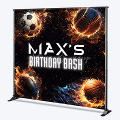 Lofaris Energetic Custom Sports Balls Fire Birthday Bash Backdrop with Personalized Name Dynamic Party Decoration