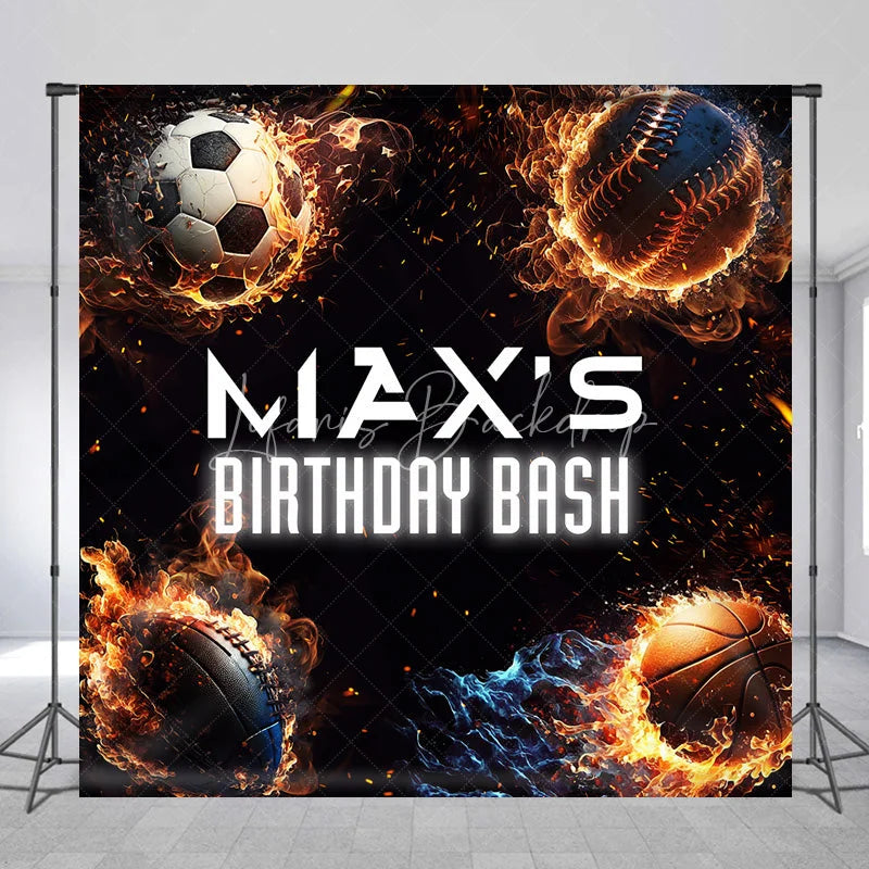 Lofaris Energetic Custom Sports Balls Fire Birthday Bash Backdrop with Personalized Name Dynamic Party Decoration