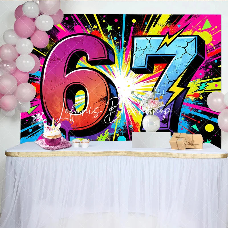 Lofaris Energetic Neon Graffiti 7th Birthday Backdrop with Vibrant Paint Splatter and Lightning Bolts Party Decor