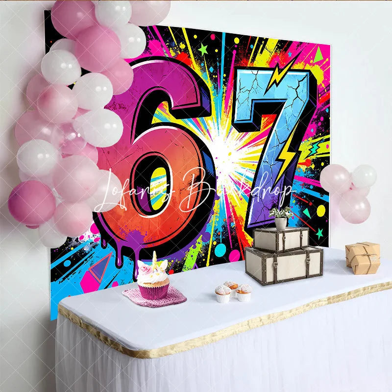 Lofaris Energetic Neon Graffiti 7th Birthday Backdrop with Vibrant Paint Splatter and Lightning Bolts Party Decor