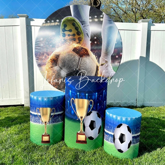 Lofaris Energetic Soccer Player Kicking Flaming Ball Round Backdrop Kit Stadium and Golden Trophy Pedestals for Sports Party