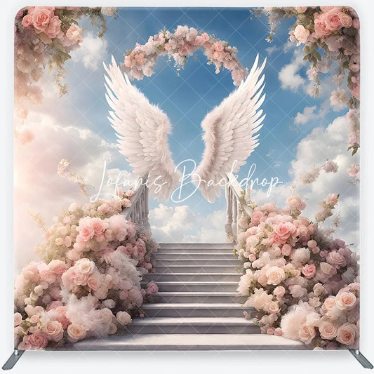 Lofaris Ethereal Angel Wings Pink Rose Stairway Square Double-Sided Backdrop Heavenly Wedding Party Decor