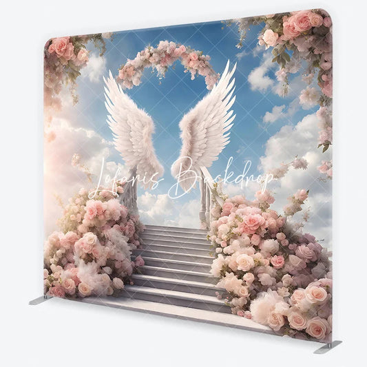 Lofaris Ethereal Angel Wings Pink Rose Stairway Square Double-Sided Backdrop Heavenly Wedding Party Decor
