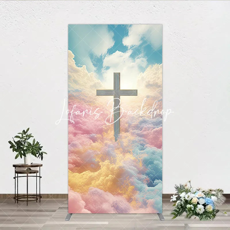 Lofaris Ethereal Cross with Pastel Clouds and Heavenly Sky Rectangle Arch Backdrop Spiritual Serene Decor for Events