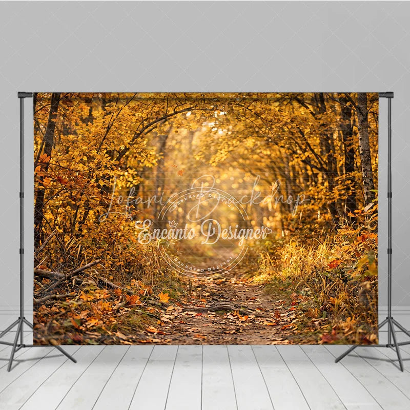 Lofaris Ethereal Golden Autumn Forest Photography Backdrop Sunlit Path with Falling Leaves for Seasonal Portraits