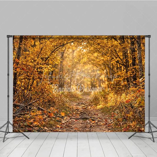 Lofaris Ethereal Golden Autumn Forest Photography Backdrop Sunlit Path with Falling Leaves for Seasonal Portraits