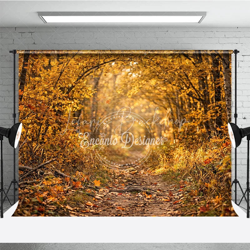 Lofaris Ethereal Golden Autumn Forest Photography Backdrop Sunlit Path with Falling Leaves for Seasonal Portraits